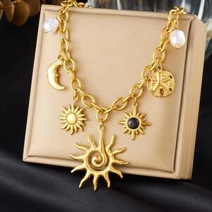 Gold Sun and Moon Charm Necklace